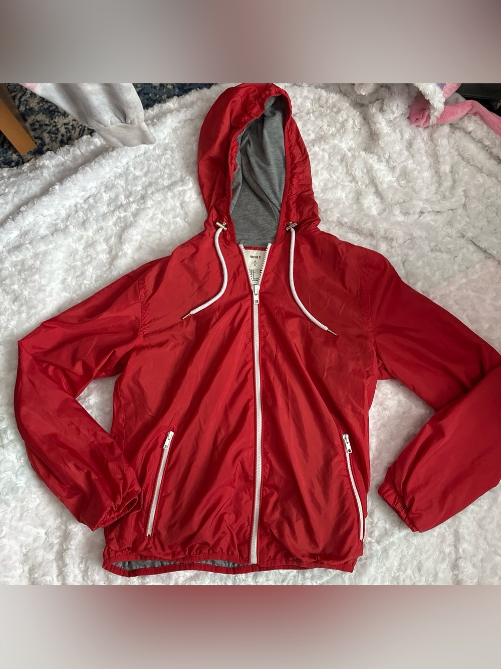 Forever 21 Red Hooded Windbreaker with Gray Lining